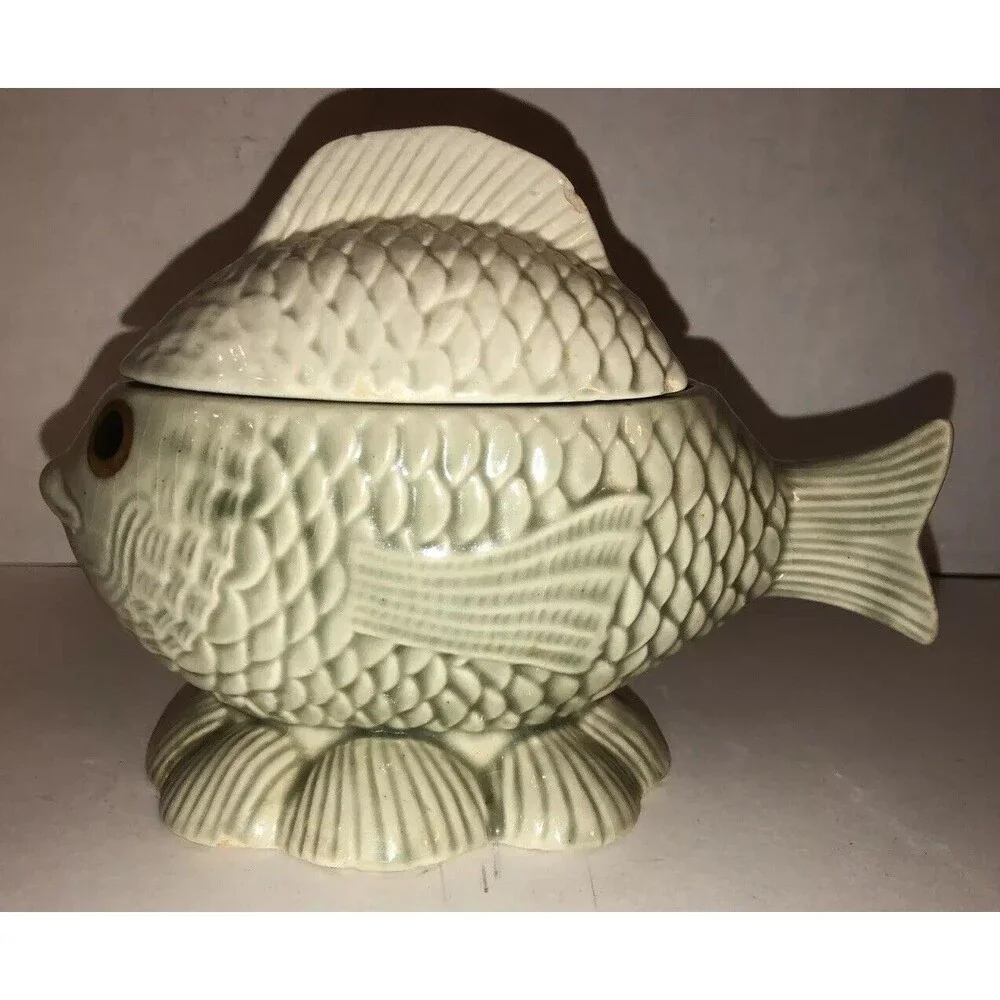 Vintage Ceramic Fish Bowl Lid Bodegas Oaxaca Ceramica Made In Mexico Scales RARE